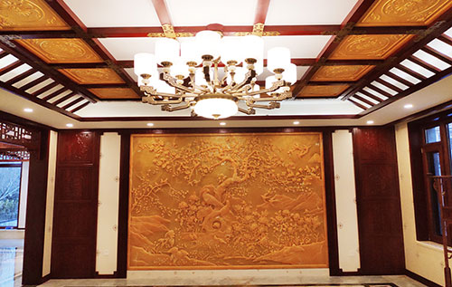 礼纪镇中式别墅客厅中式木作横梁吊顶装饰展示